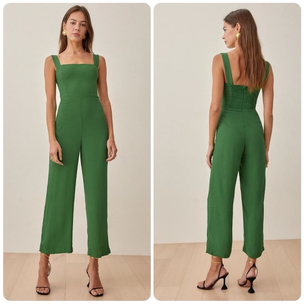Reformation Green Square-Neck Wide-Leg Jumpsuit